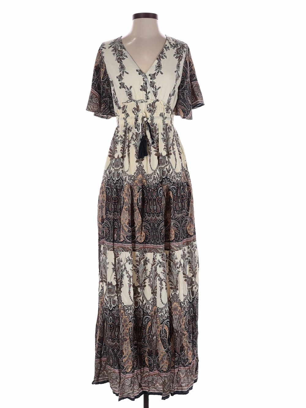 Easel Boho Mixed Paisley Print Tassel Tie Waist Flutter Sleeve Maxi Dress• Small - Picture 4 of 6